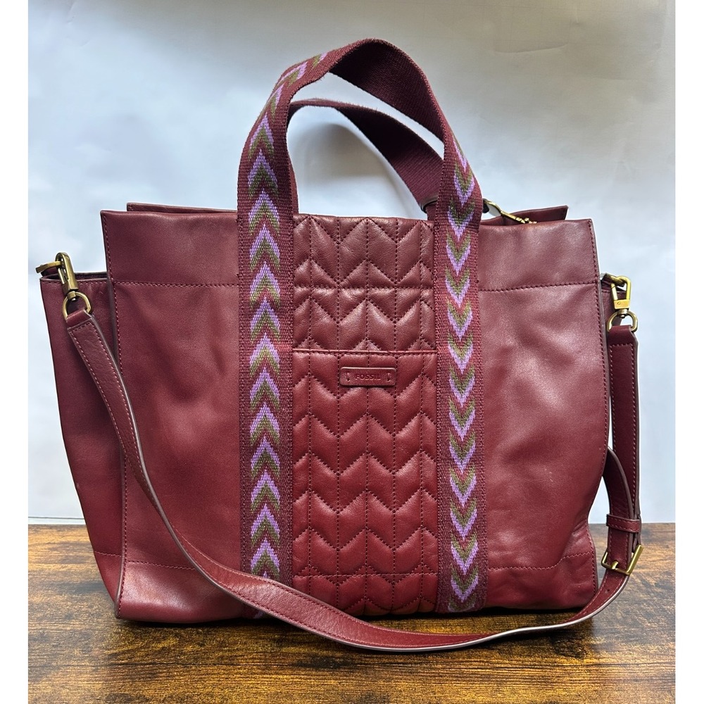 Fossil Carmen Tote Burgundy Quilted Leather Handbag Crossbody Wine Shoulder Bag - Picture 2 of 16
